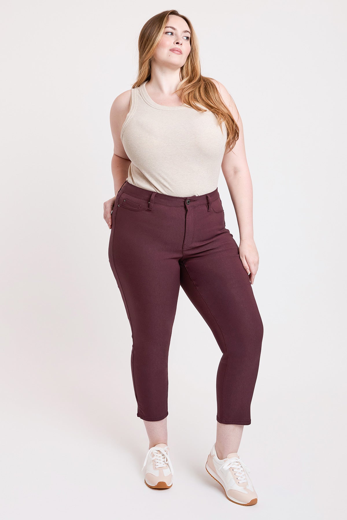 YMI JEANS Women's Plus High Rise Hyperstretch Cropped Straight Pants, side profile, highlighting the flattering high-rise fit
