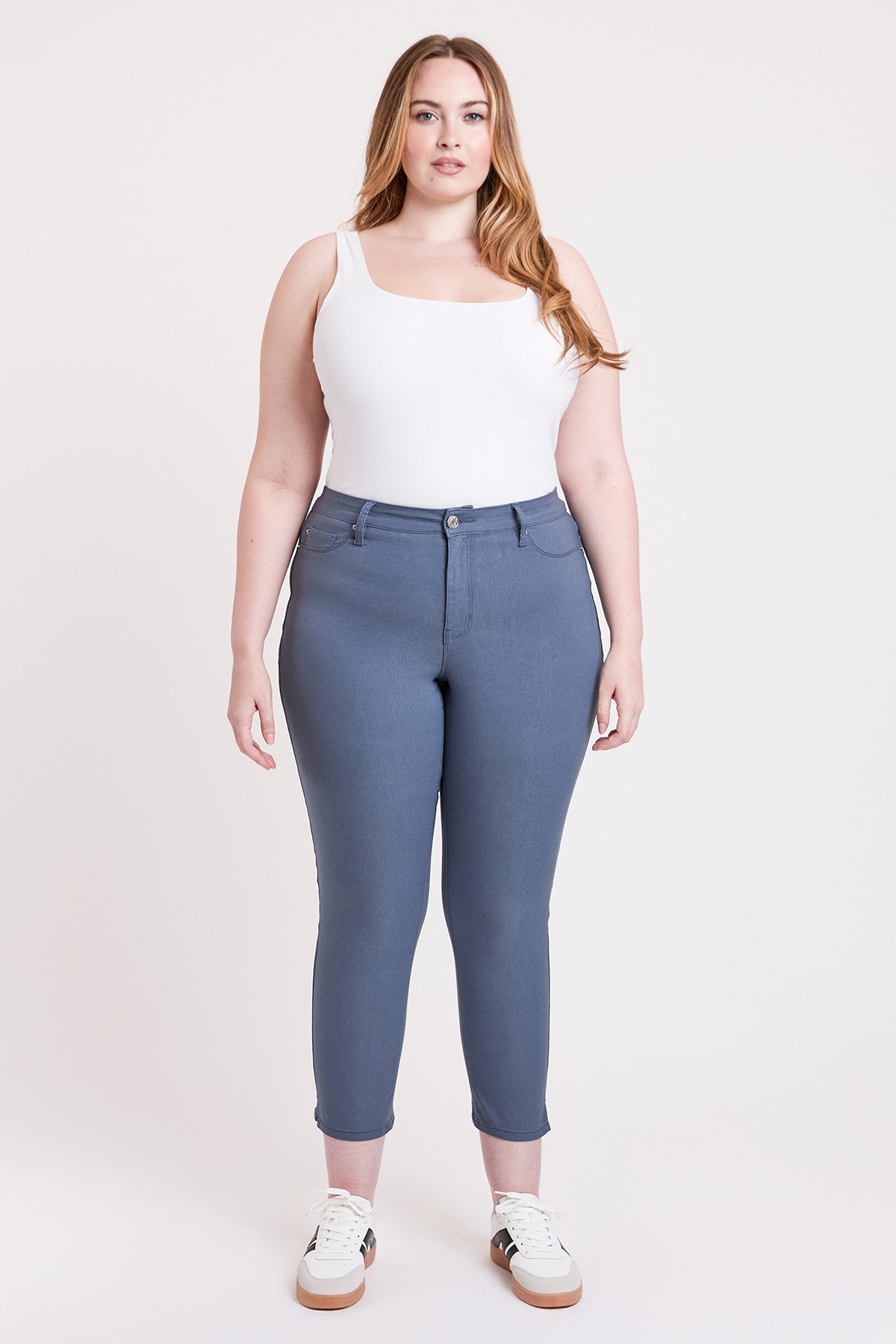 YMI JEANS Women's Plus High Rise Hyperstretch Cropped Straight Pants, showcasing the functional front pockets and quality sti