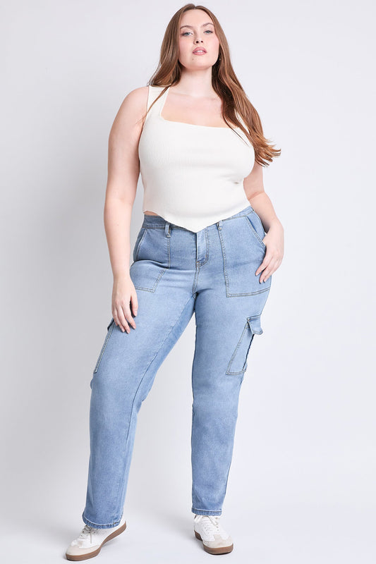Women's Plus High Rise Elastic Waist Cargo Straight  Jeans YMI JEANS