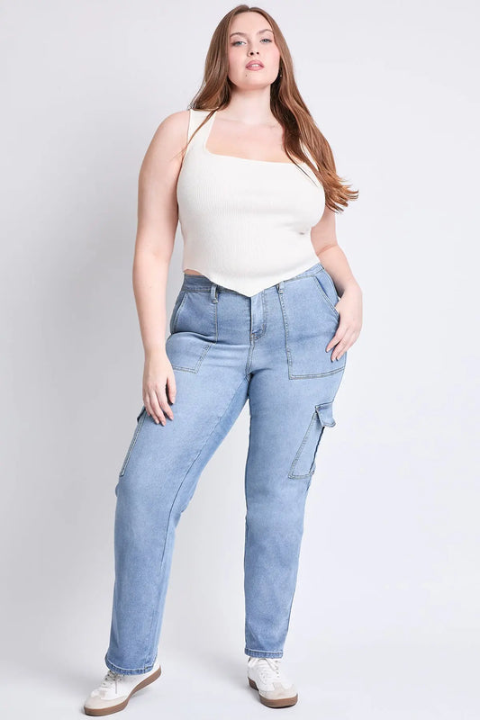 Women's Plus High Rise Elastic Waist Cargo Straight  Jeans YMI JEANS