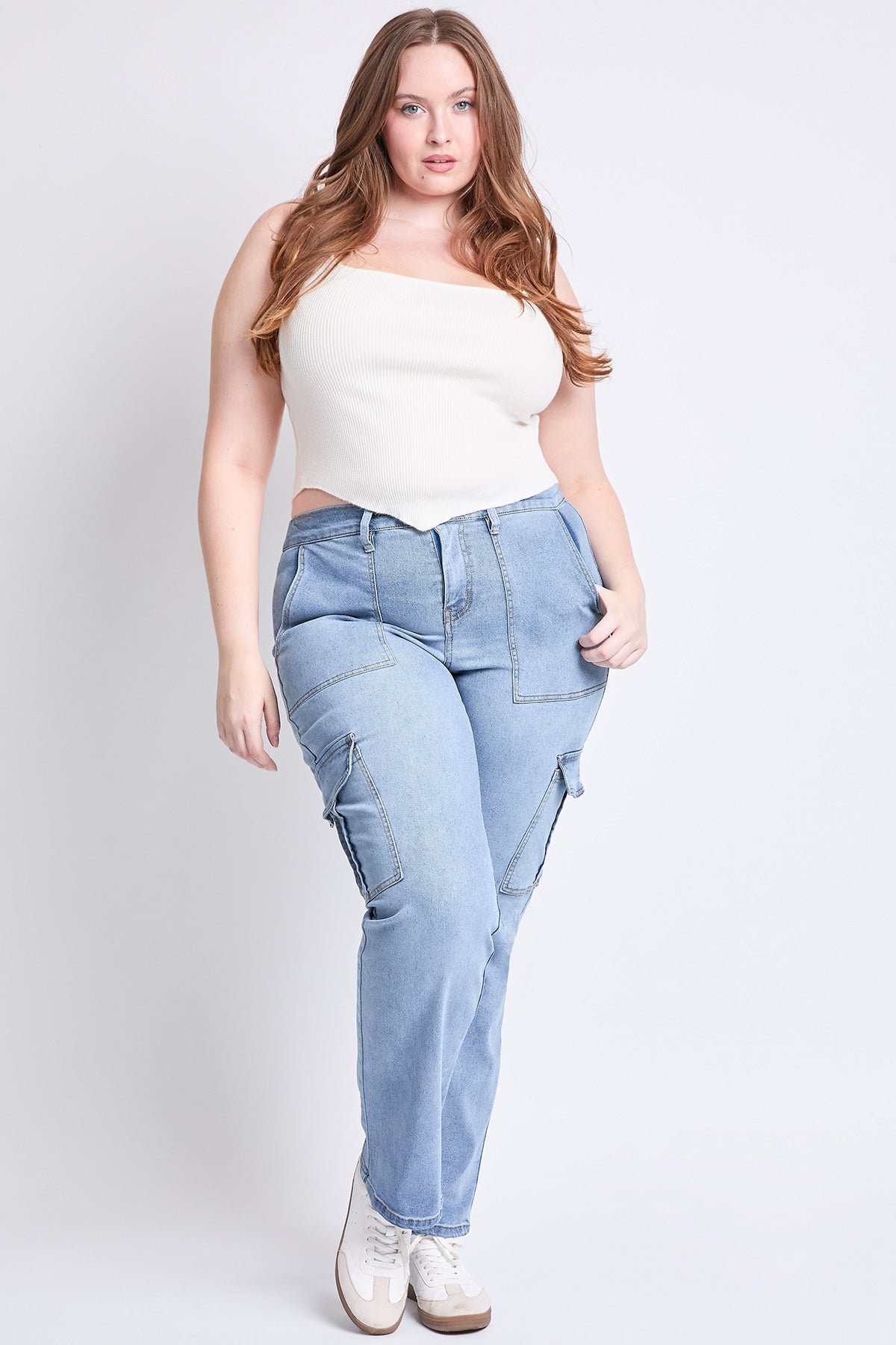 Women's Plus High Rise Elastic Waist Cargo Straight  Jeans YMI JEANS