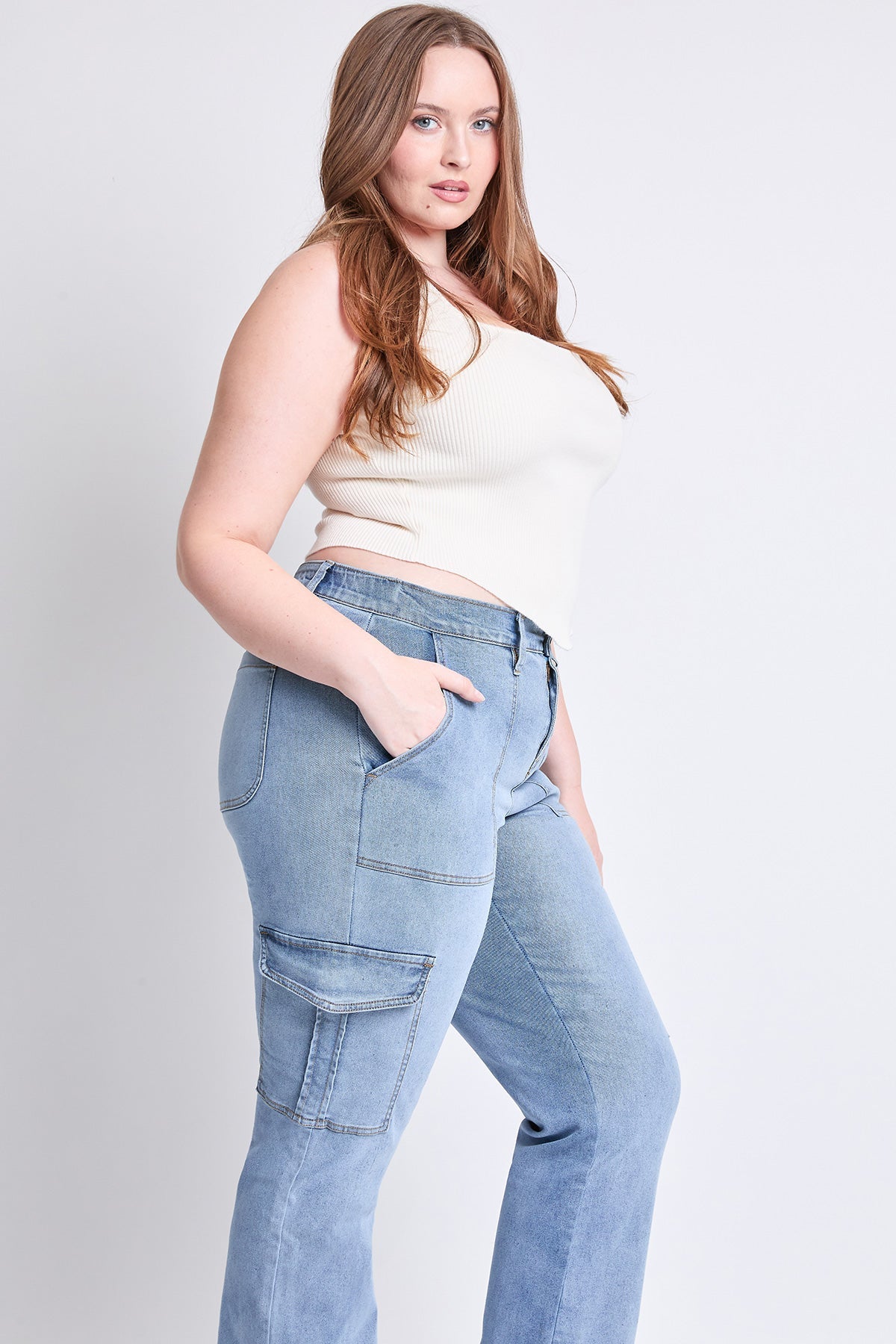 Women's Plus High Rise Elastic Waist Cargo Straight  Jeans YMI JEANS