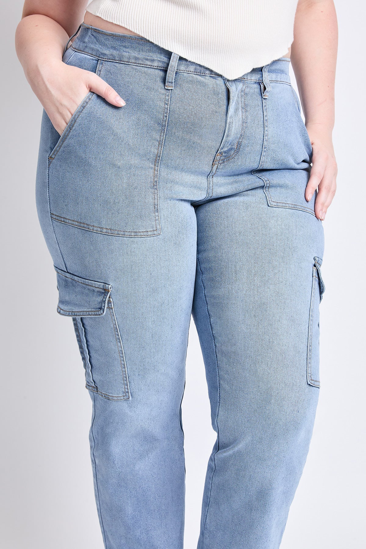 Women's Plus High Rise Elastic Waist Cargo Straight  Jeans YMI JEANS