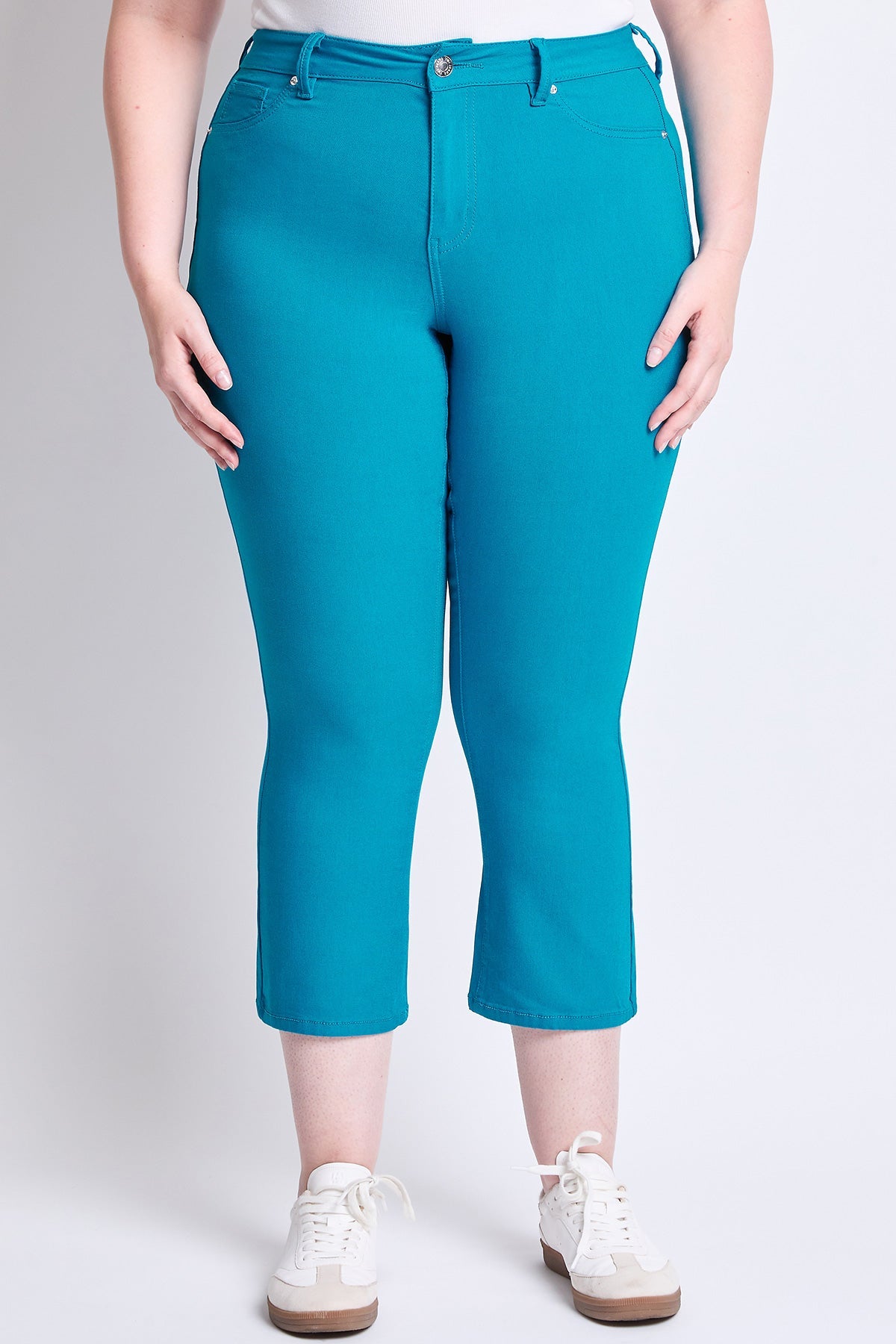 YMI JEANS Plus Size Hyperstretch Cropped Kick Flare Pants, showcasing the comfortable stretch fabric.