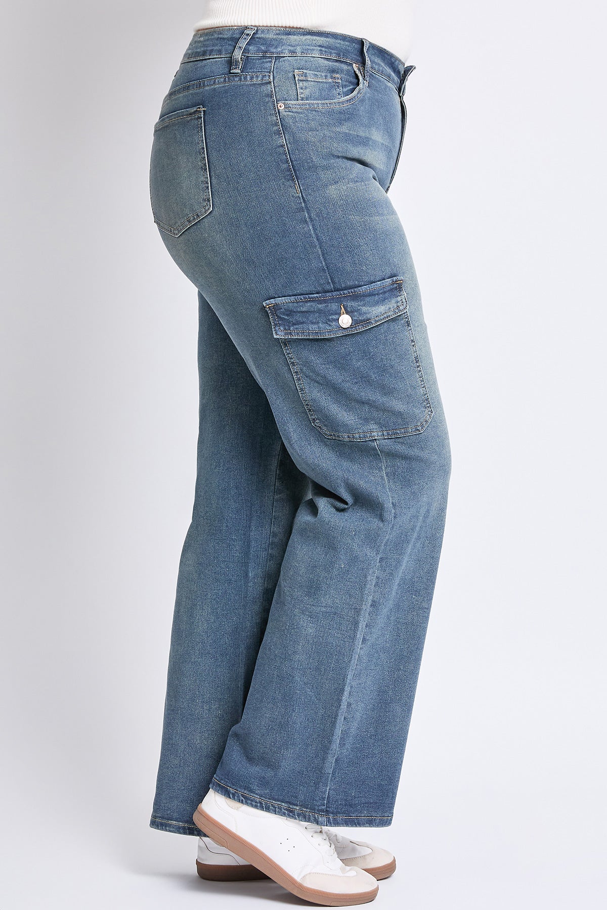 YMI JEANS Women's Plus Skater Cargo Jeans, back view, highlighting the wide leg and flattering high rise fit.