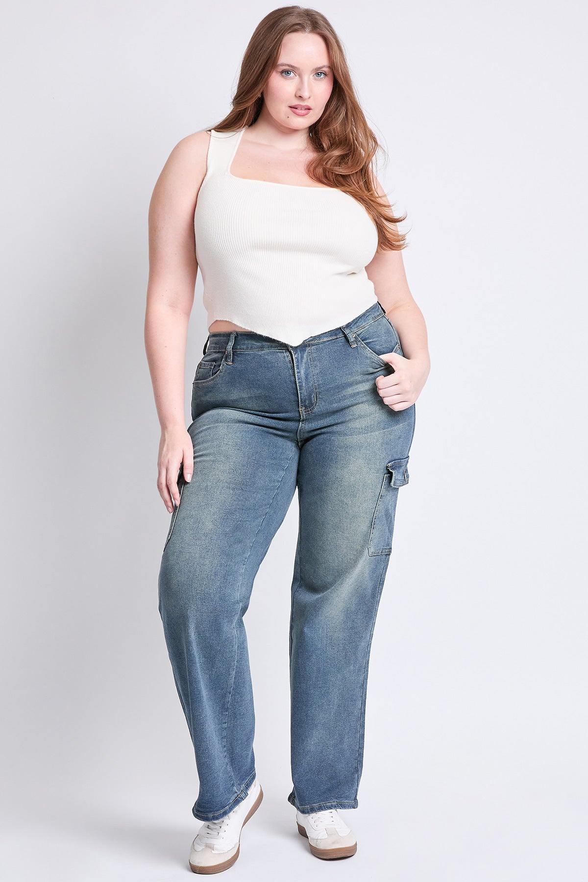 YMI JEANS Women's Plus High Rise Wide Leg Skater Cargo Jeans, full length, classic blue denim for quality shoppers.
