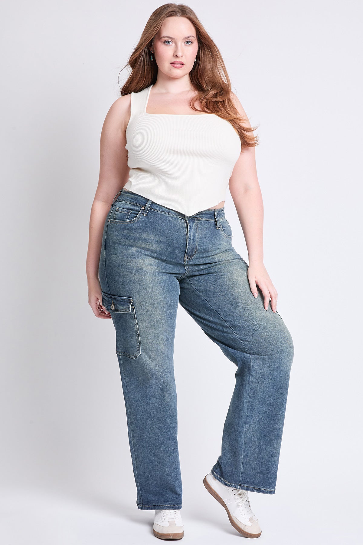 YMI JEANS Plus Wide Leg Skater Cargo Jeans worn by a model, demonstrating the comfortable, relaxed fit.
