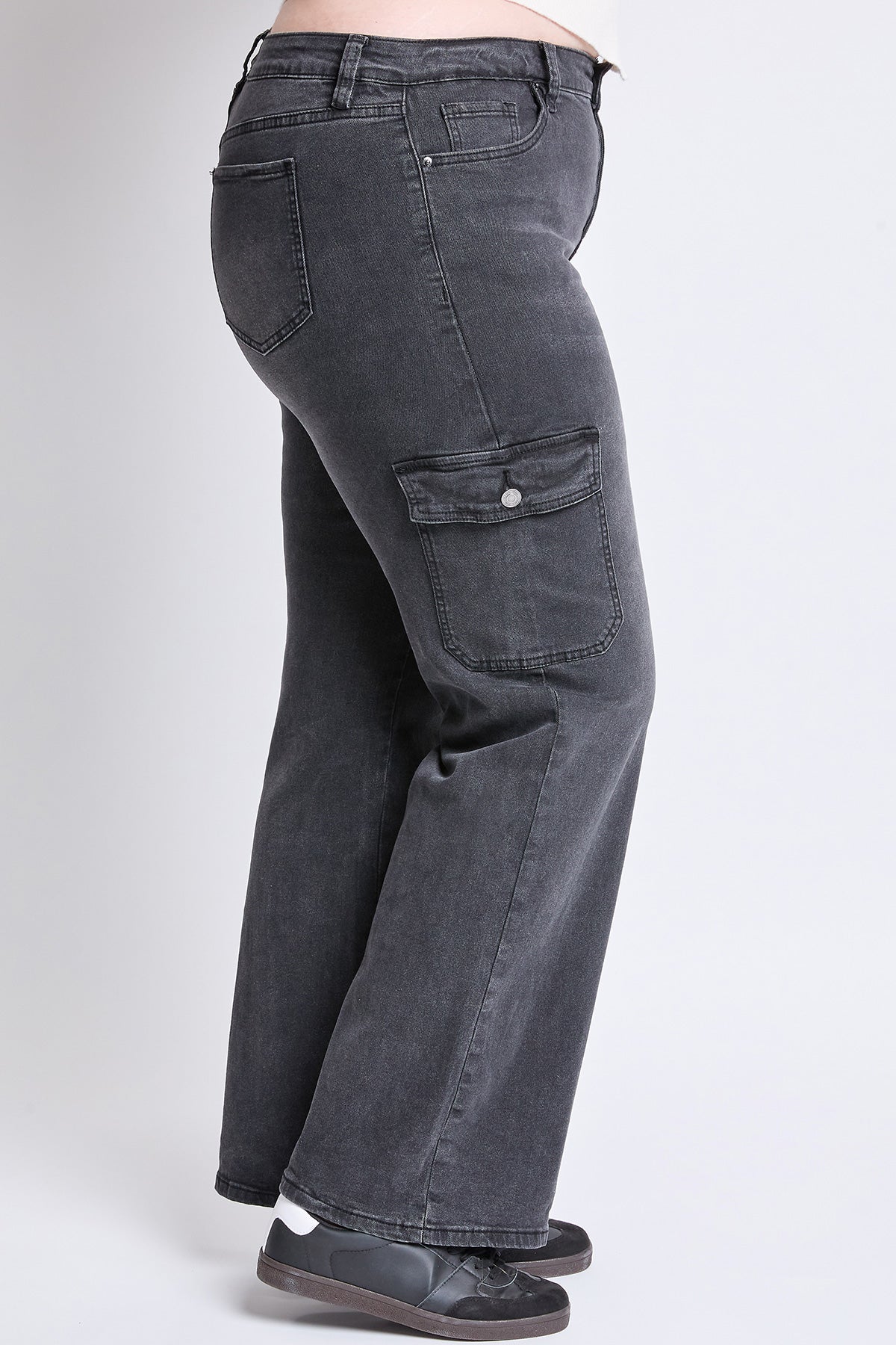 YMI JEANS Women's Plus High Rise Wide Leg Skater Cargo Jeans, full product view, versatile blue denim style.