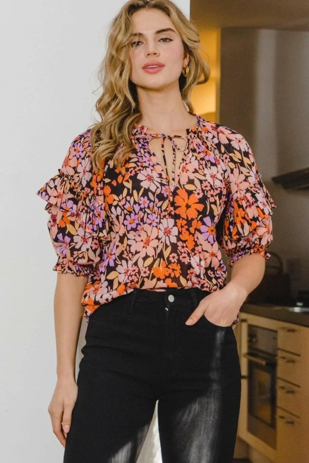 Elegant Floral Ruffle Blouse with Tie Neck - Love Salve 