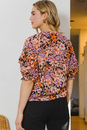Elegant Floral Ruffle Blouse with Tie Neck 