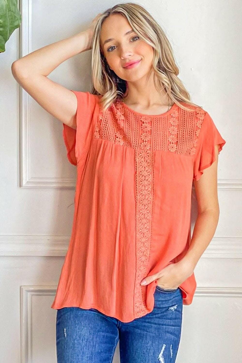 Elegant Lace and Ruffles Short Sleeve Blouse 