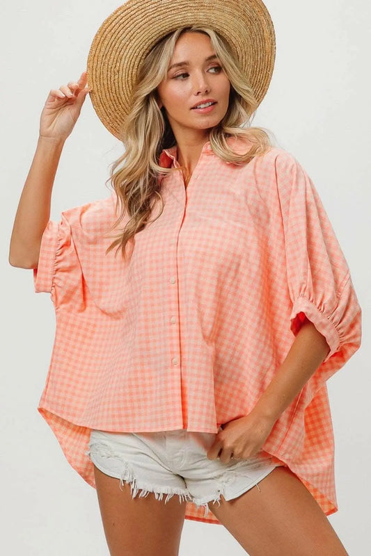 Elegant Plaid Button Down Shirt with Dolman Sleeves - Love Salve 