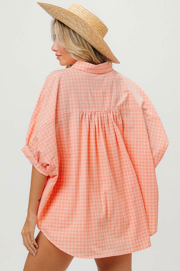 Elegant Plaid Button Down Shirt with Dolman Sleeves 