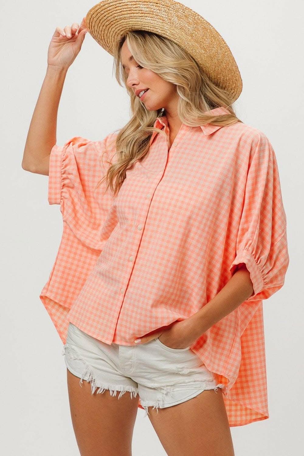 Elegant Plaid Button Down Shirt with Dolman Sleeves 