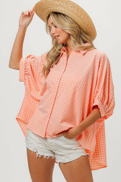 Elegant Plaid Button Down Shirt with Dolman Sleeves 