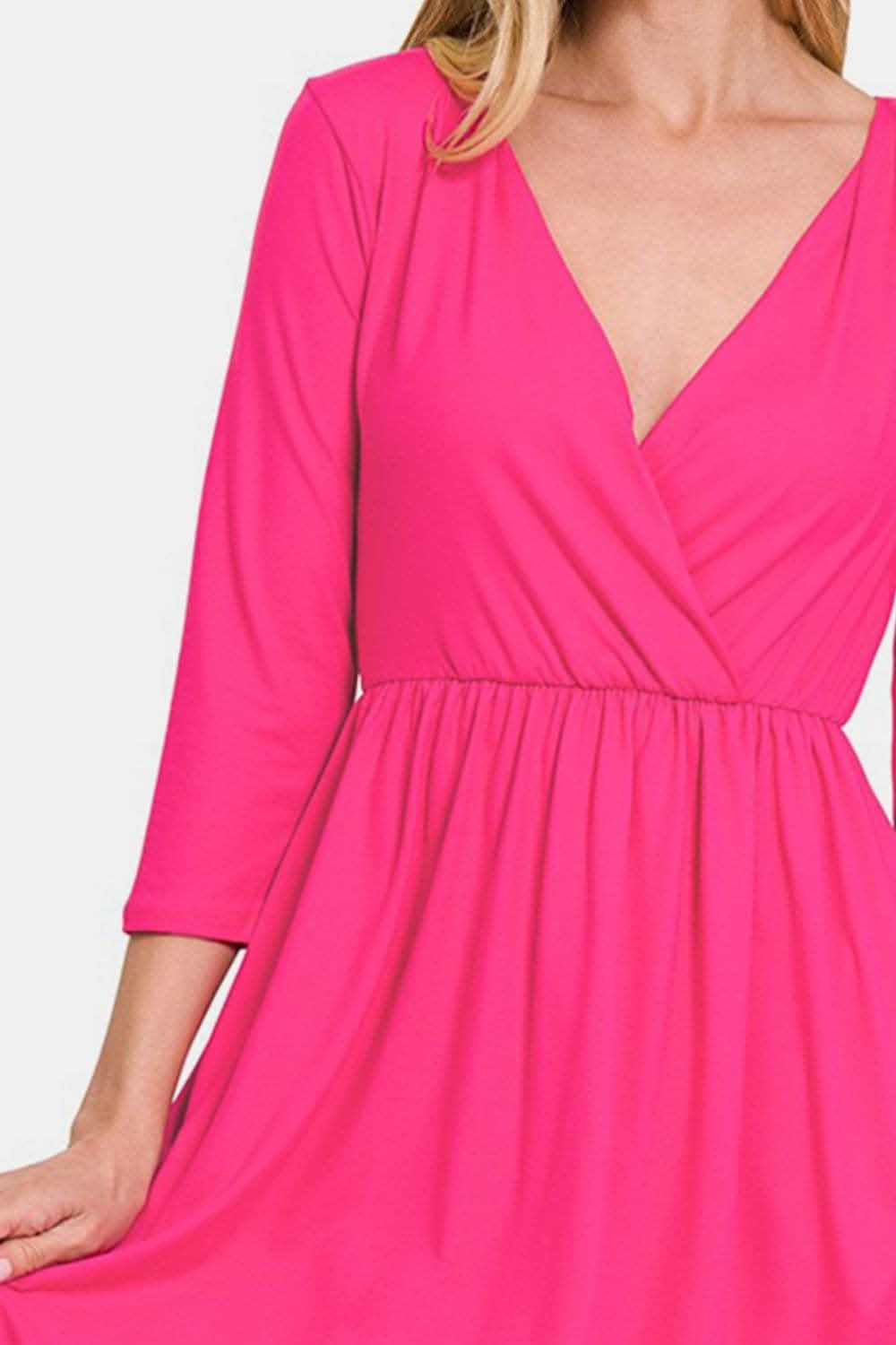 Elegant Surplice Dress with Pockets and Three-Quarter Sleeves - Love Salve 