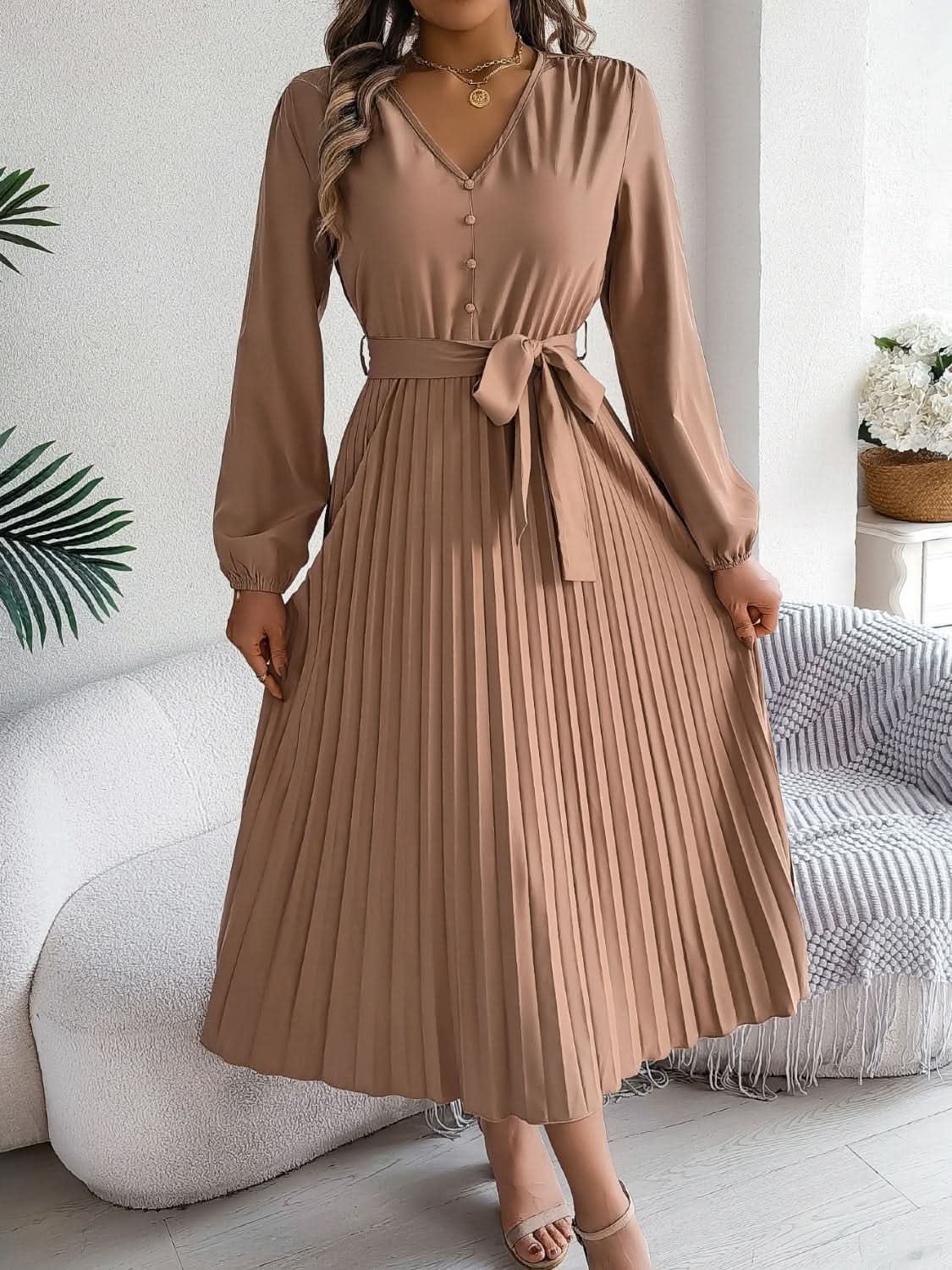 Elegant V-Neck Long Sleeve Dress with Sheer Tied Design - Love Salve 