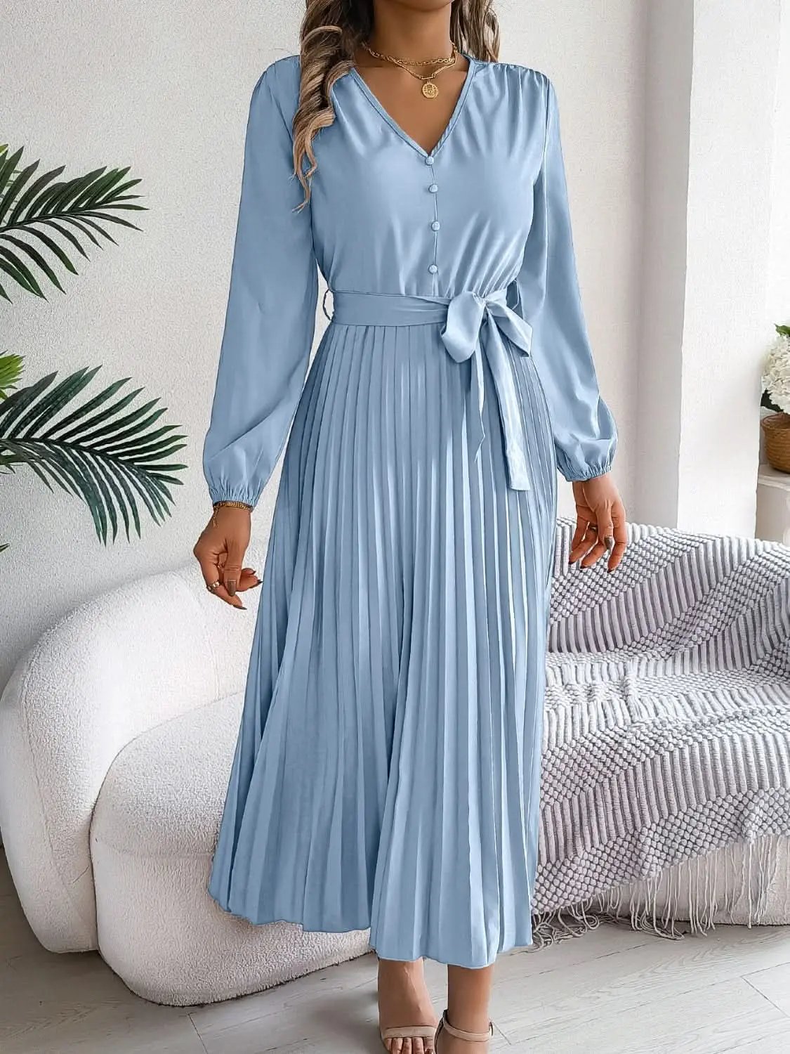 Elegant V-Neck Long Sleeve Dress with Sheer Tied Design - Love Salve 