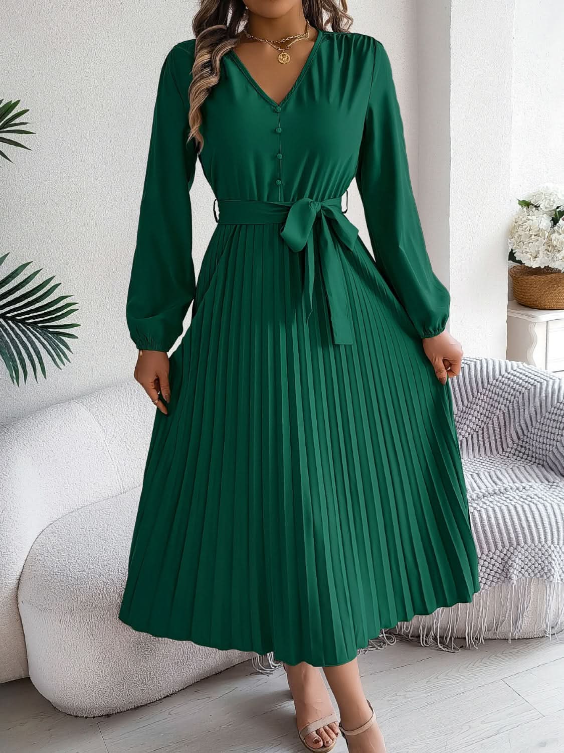 Elegant V-Neck Long Sleeve Dress with Sheer Tied Design - Love Salve 