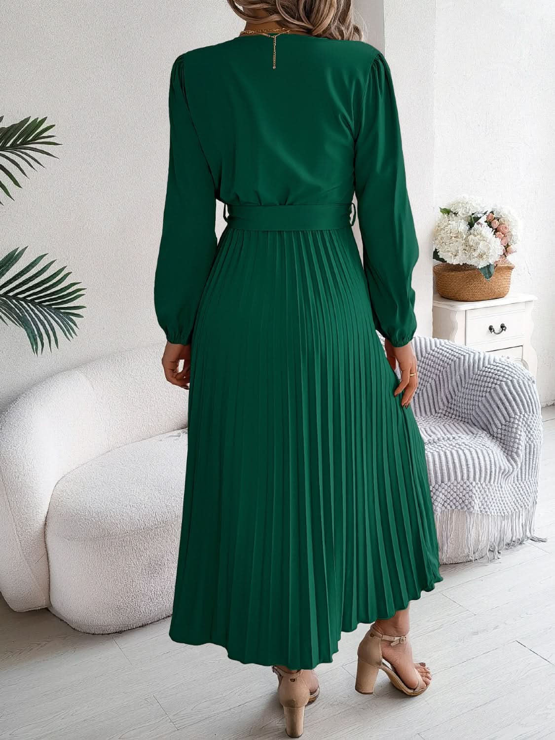 Elegant V-Neck Long Sleeve Dress with Sheer Tied Design - Love Salve 