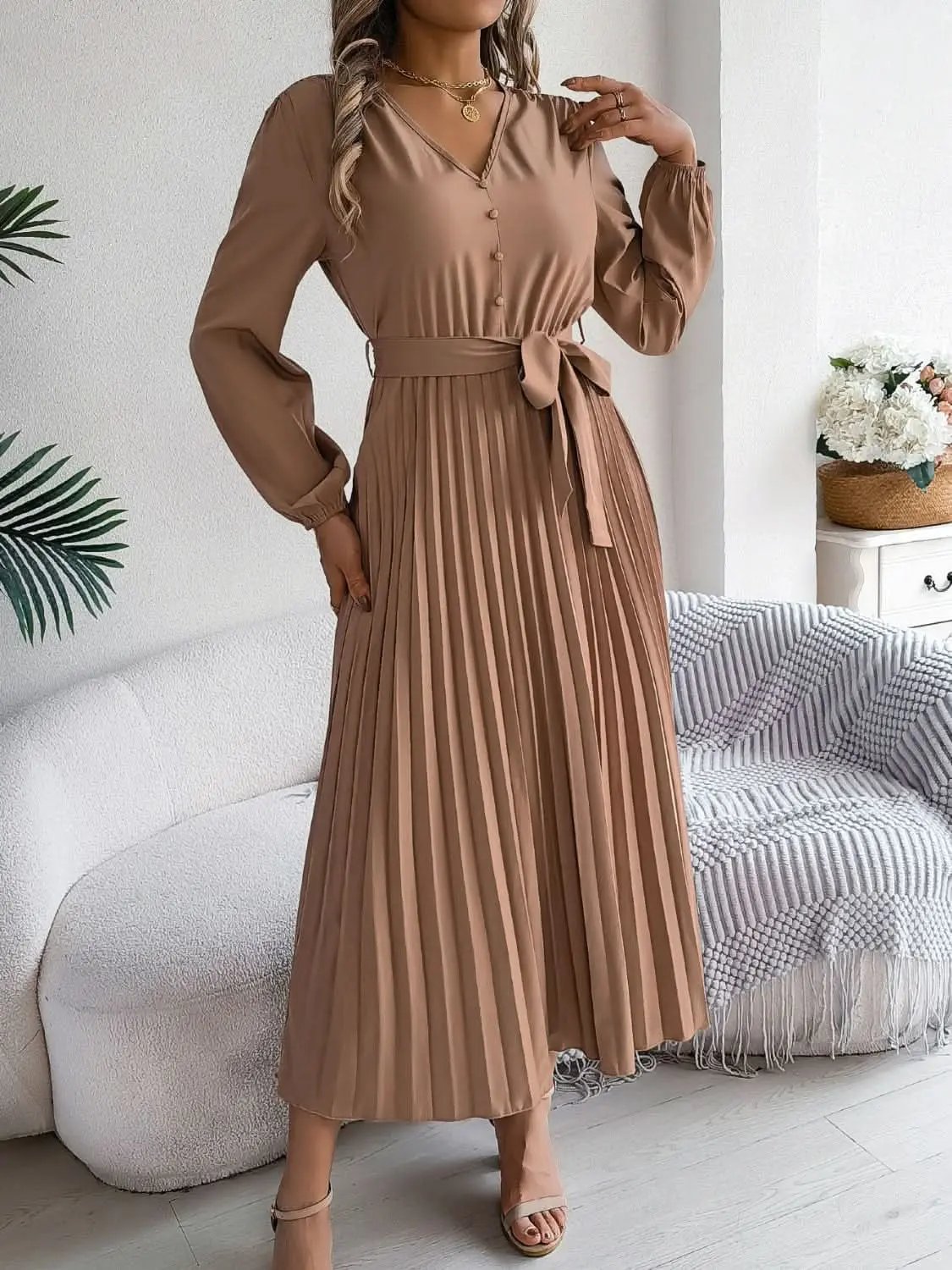 Elegant V-Neck Long Sleeve Dress with Sheer Tied Design - Love Salve 