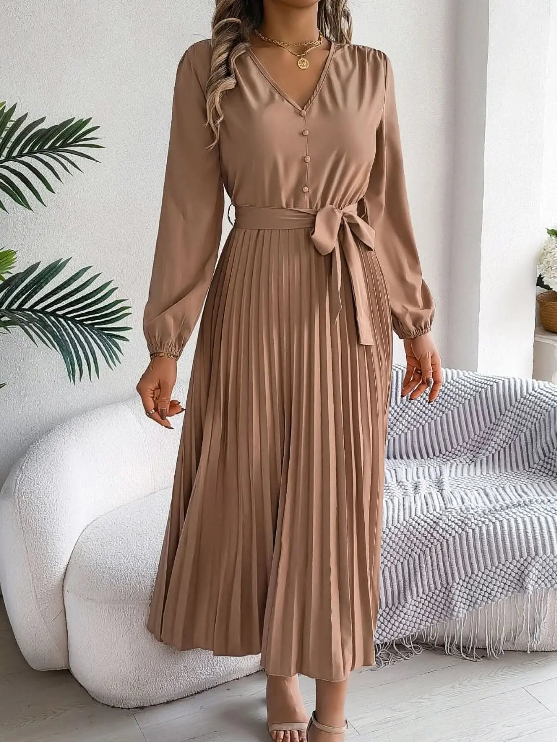 Elegant V-Neck Long Sleeve Dress with Sheer Tied Design - Love Salve 