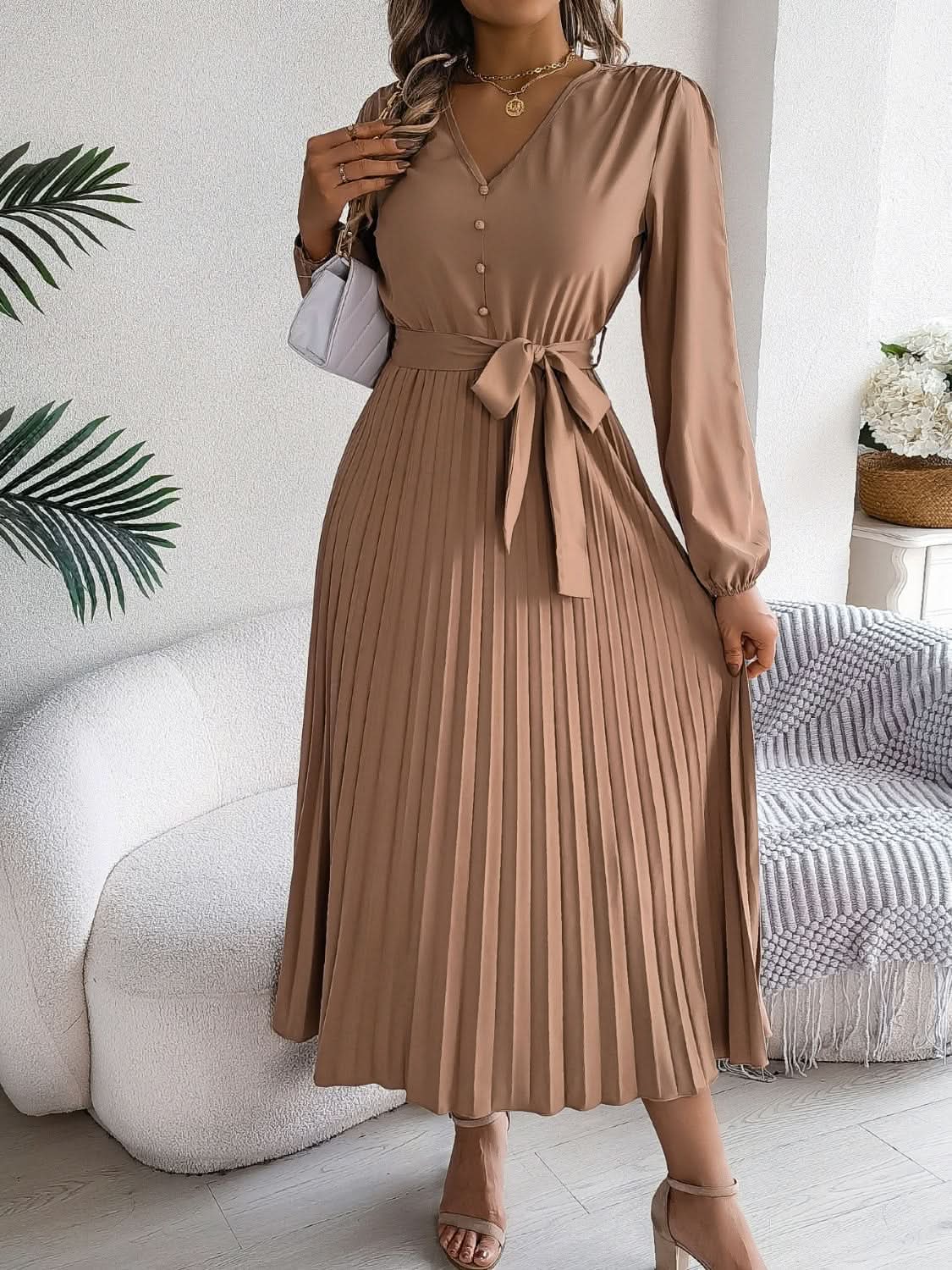 Elegant V-Neck Long Sleeve Dress with Sheer Tied Design - Love Salve 