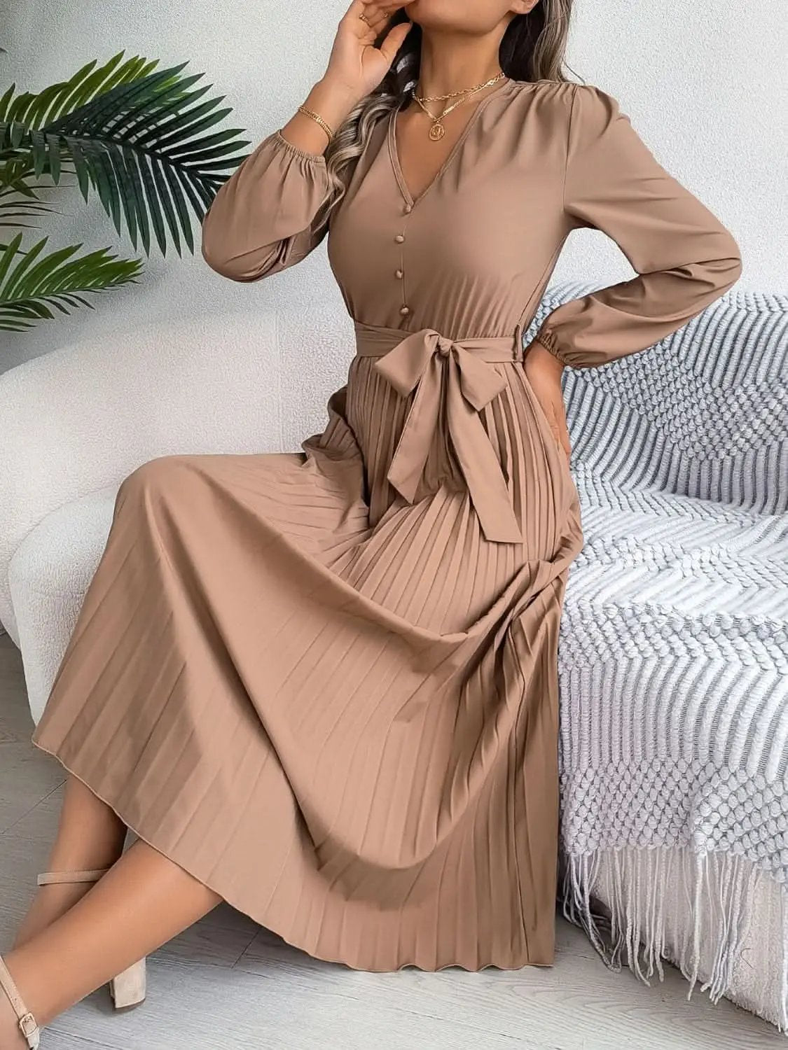 Elegant V-Neck Long Sleeve Dress with Sheer Tied Design - Love Salve 