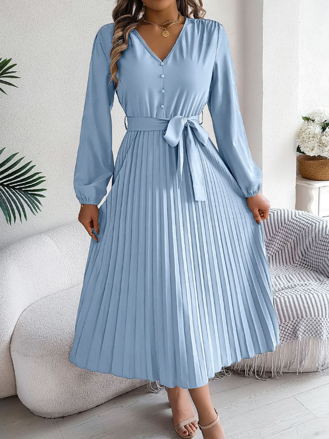 Elegant V-Neck Long Sleeve Dress with Sheer Tied Design - Love Salve 