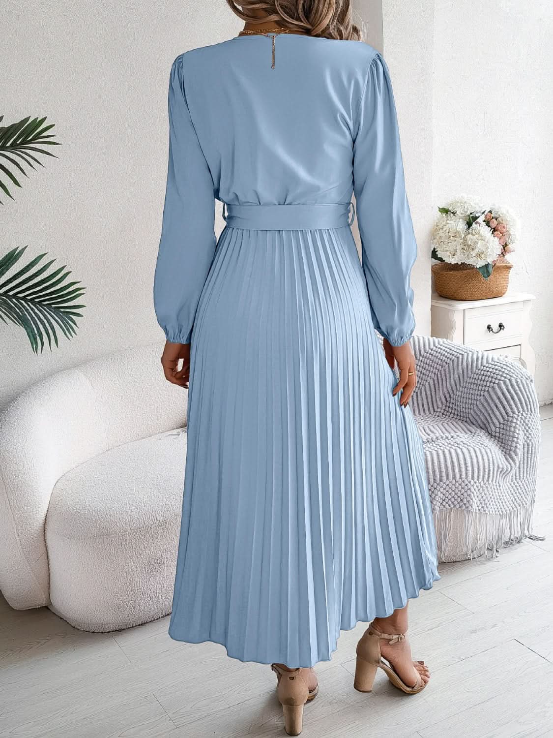 Elegant V-Neck Long Sleeve Dress with Sheer Tied Design - Love Salve 