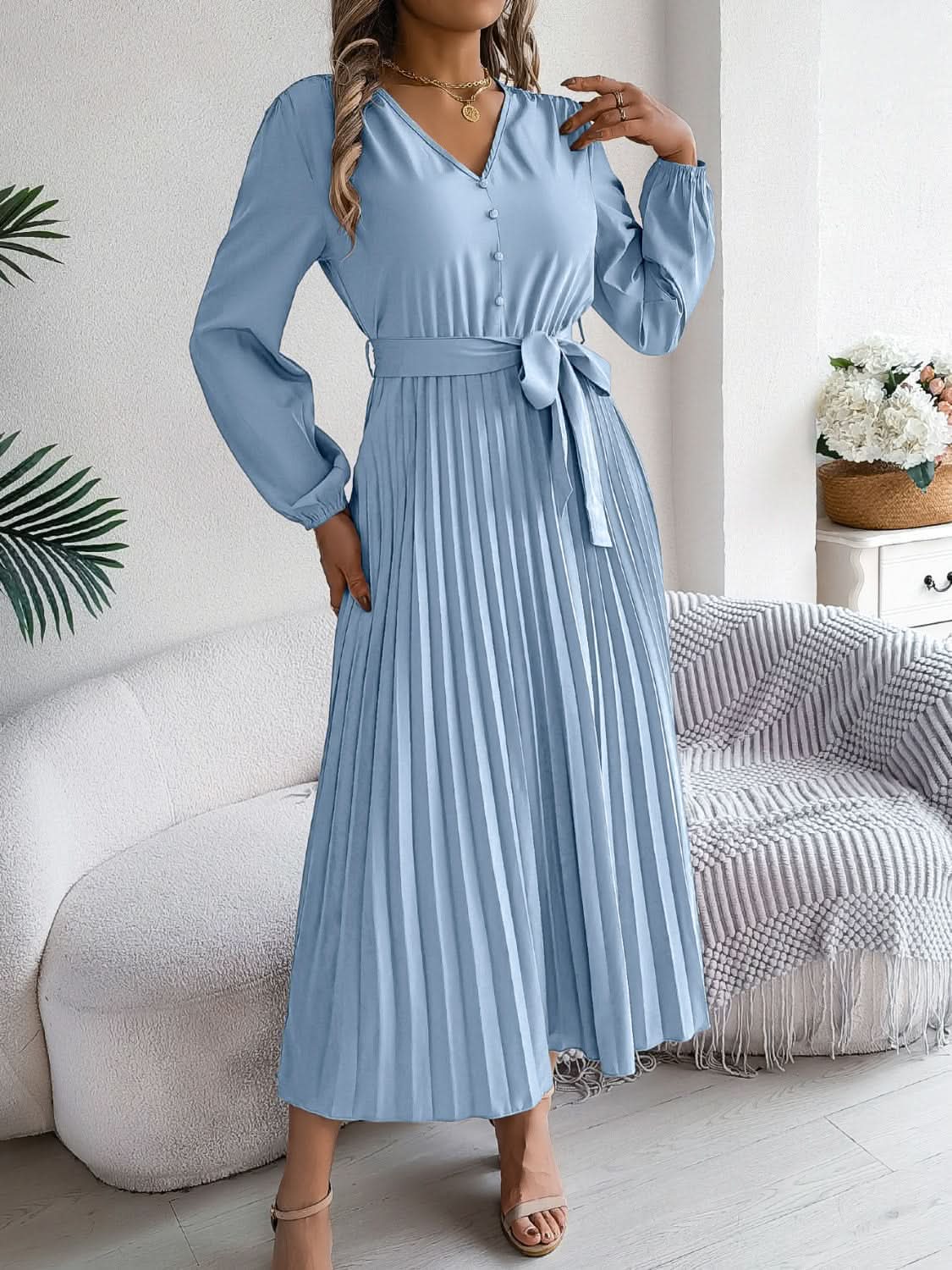 Elegant V-Neck Long Sleeve Dress with Sheer Tied Design - Love Salve 