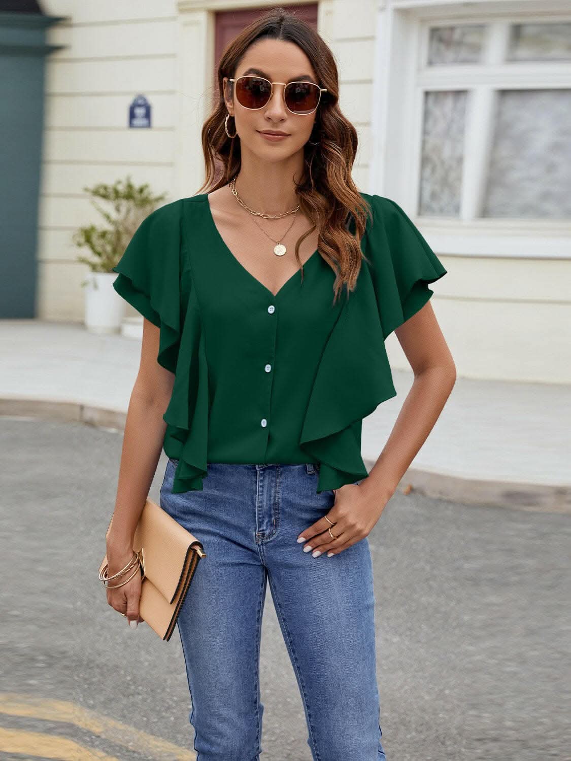 Elegant V-Neck Ruffled Top - Love Salve 