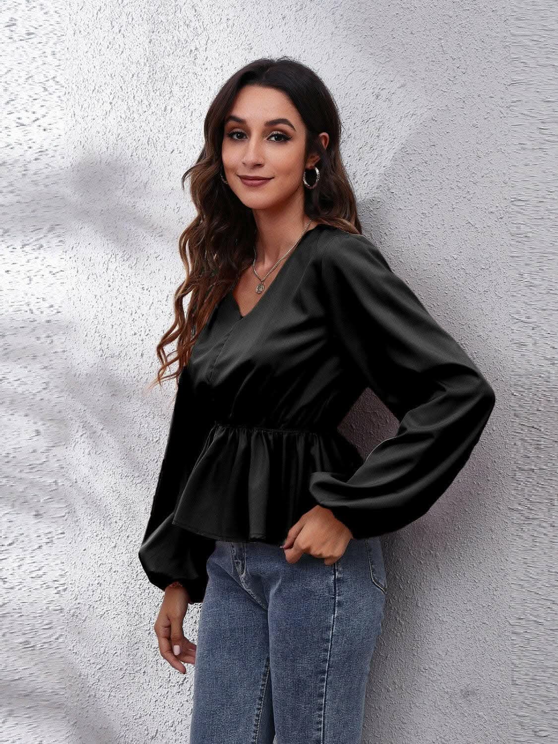 Elegant V-neck peplum top with sleeves - Love Salve 