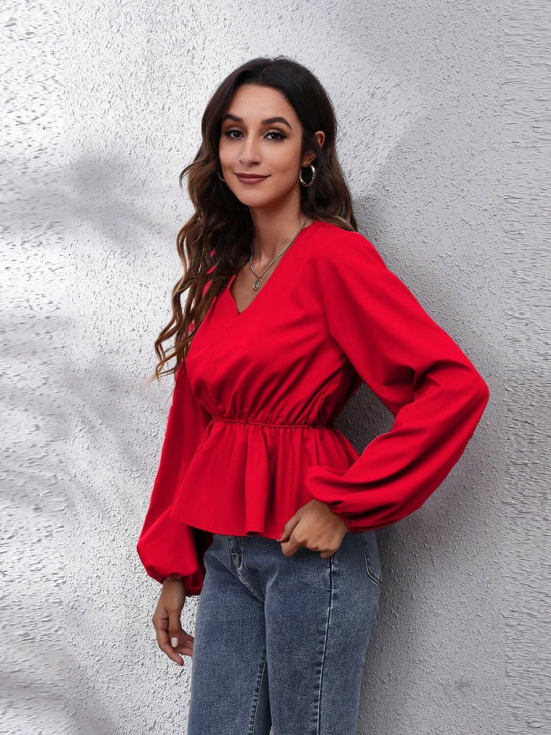 Elegant V-neck peplum top with sleeves - Love Salve 