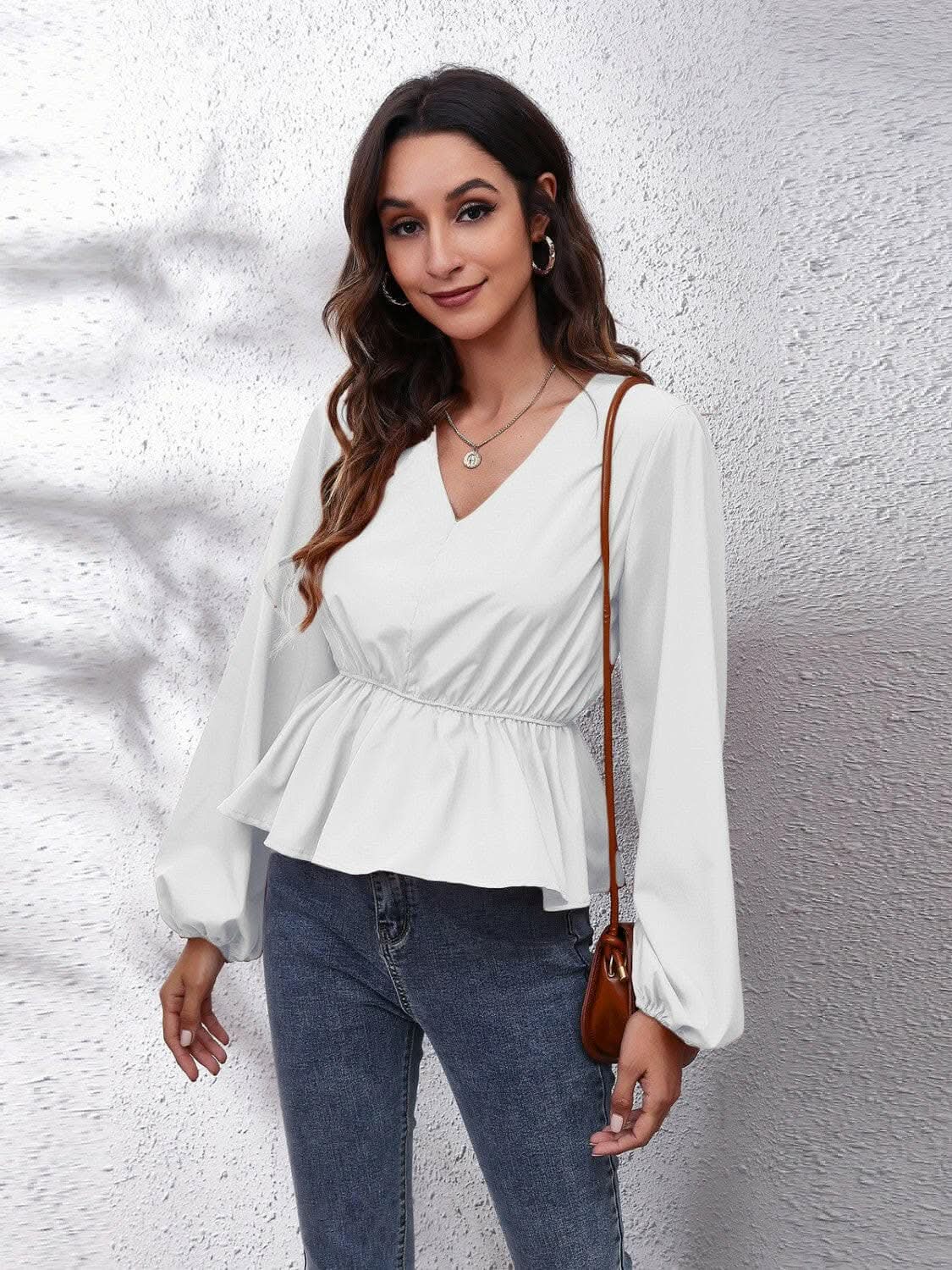 Elegant V-neck peplum top with sleeves - Love Salve 