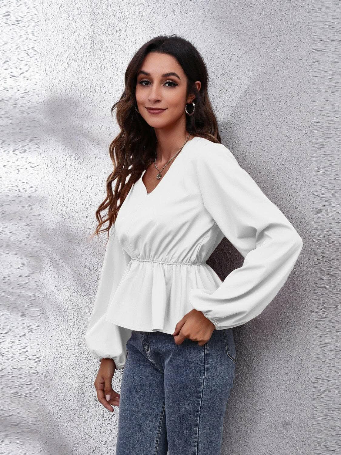 Elegant V-neck peplum top with sleeves - Love Salve 