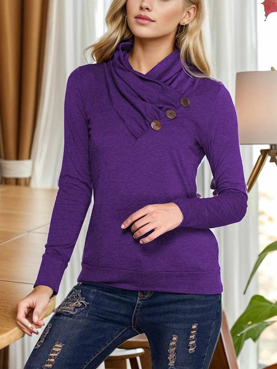 Elegant buttoned mock neck blouse - Love Salve 