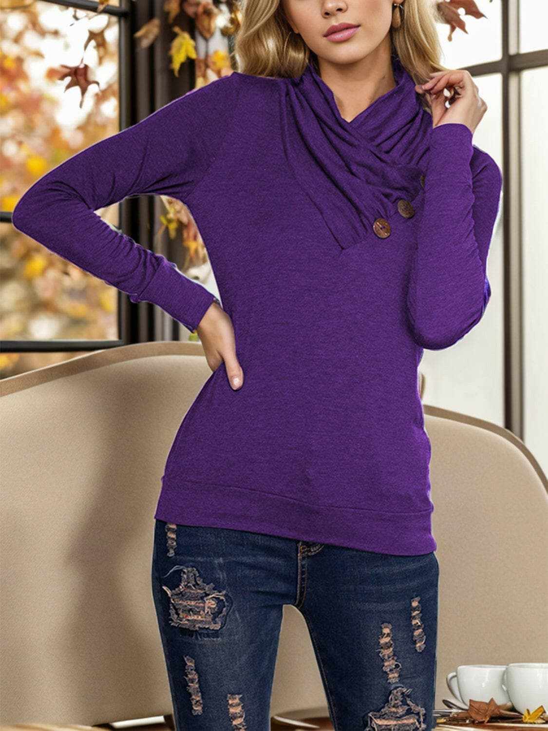 Elegant buttoned mock neck blouse - Love Salve 