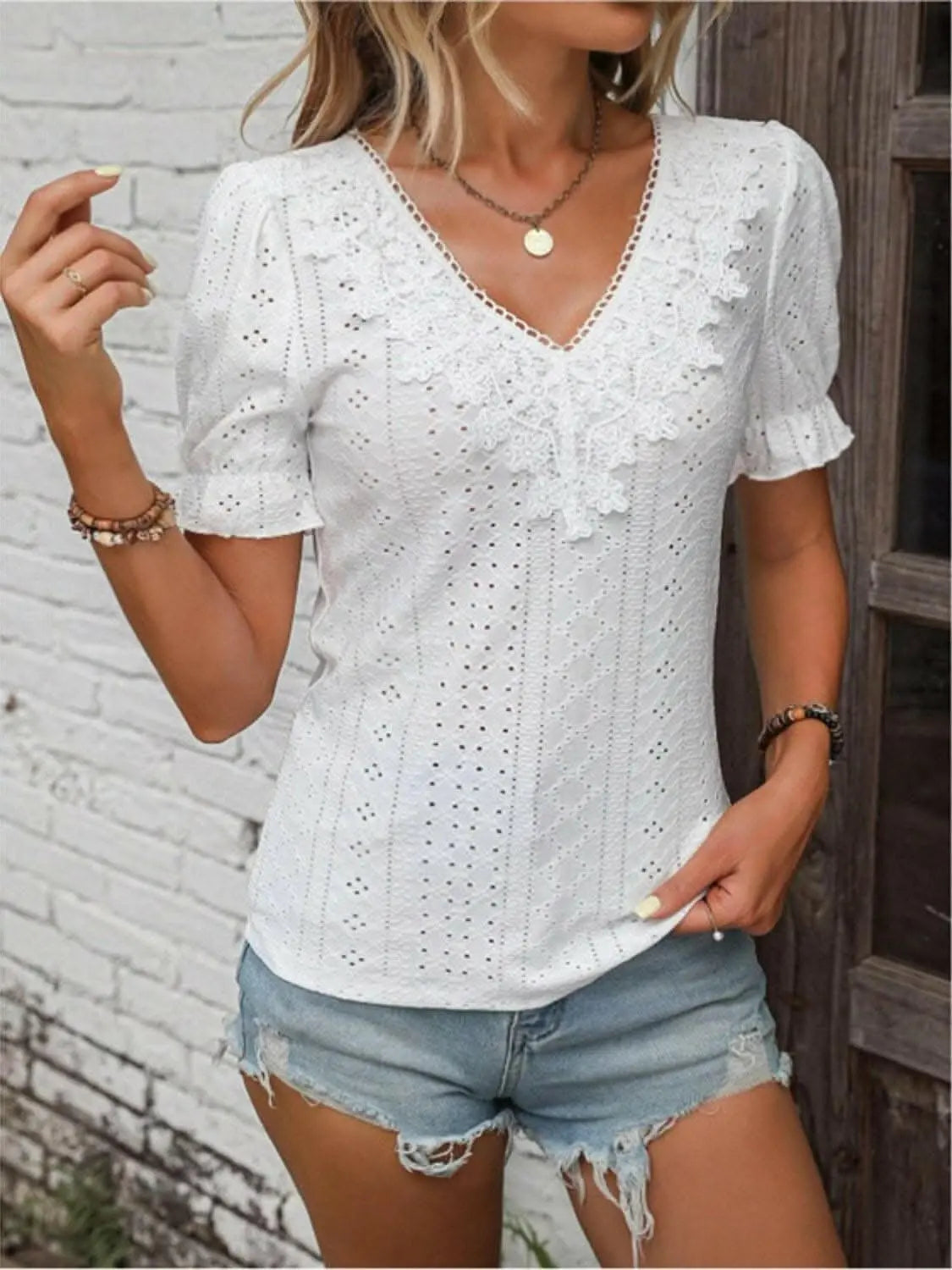 Elegant eyelet lace v-neck top - Love Salve 