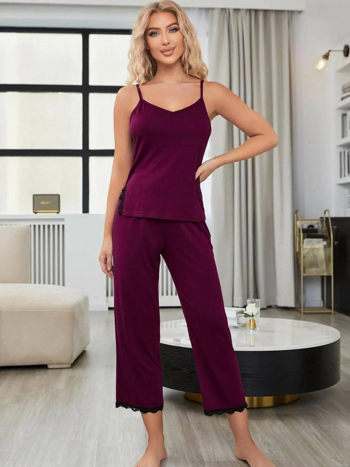 Elegant lace v-neck pajama set - Love Salve 
