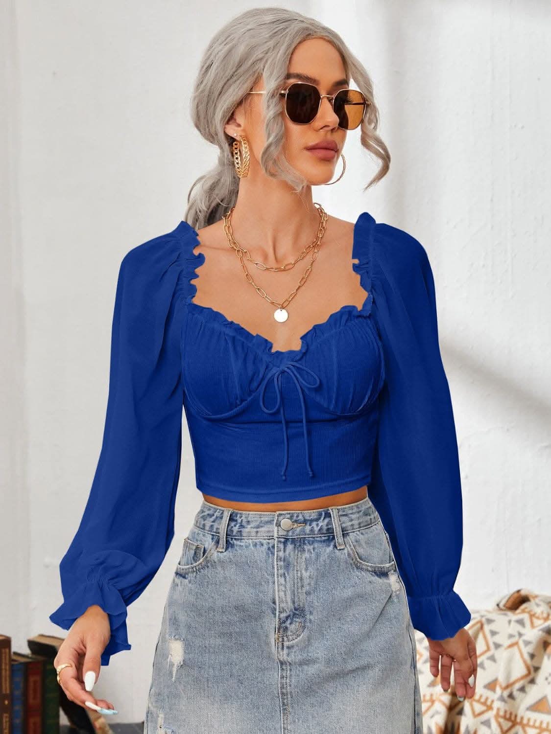 Elegant mesh flounce sleeve top 