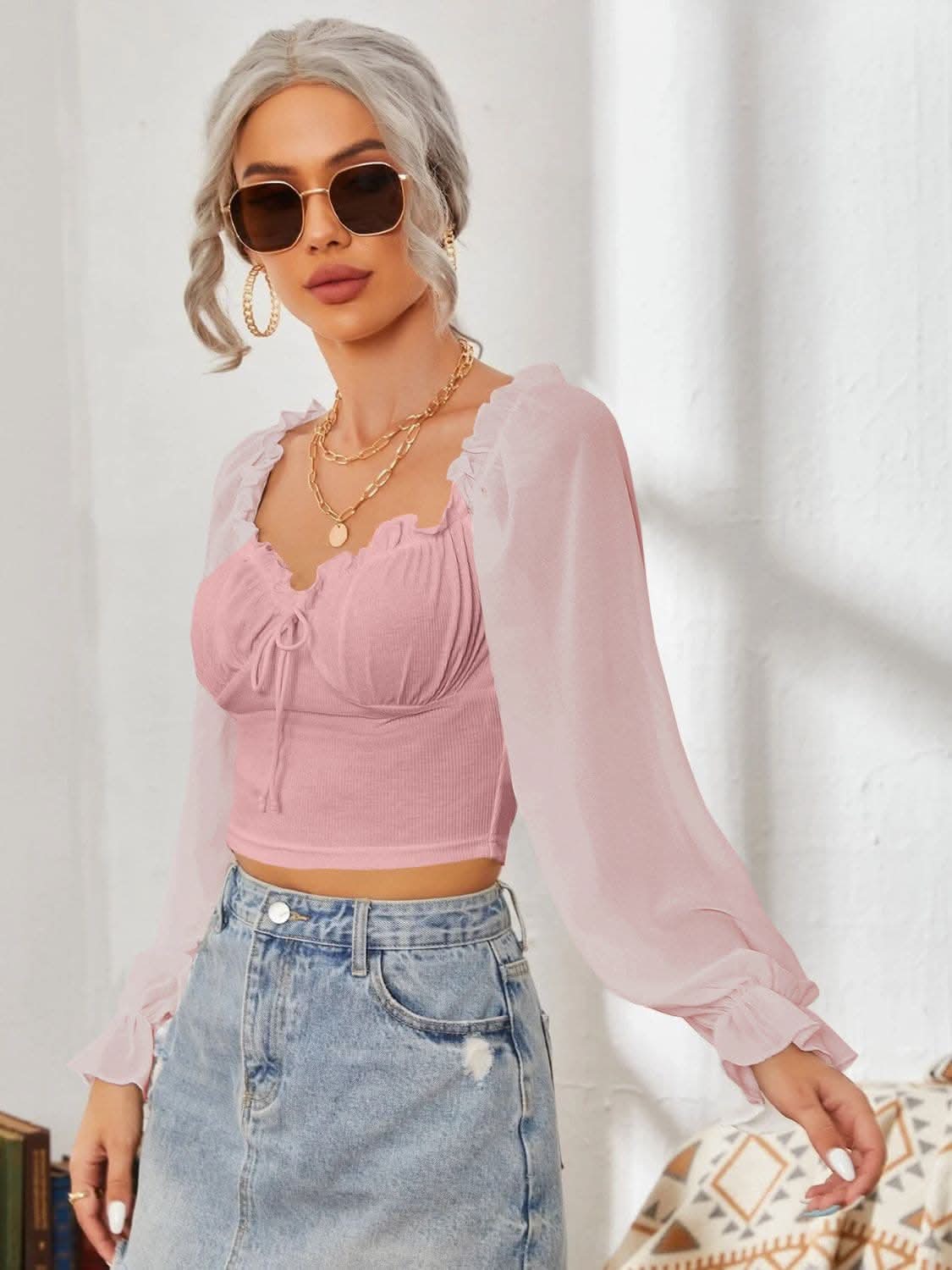 Elegant mesh flounce sleeve top 