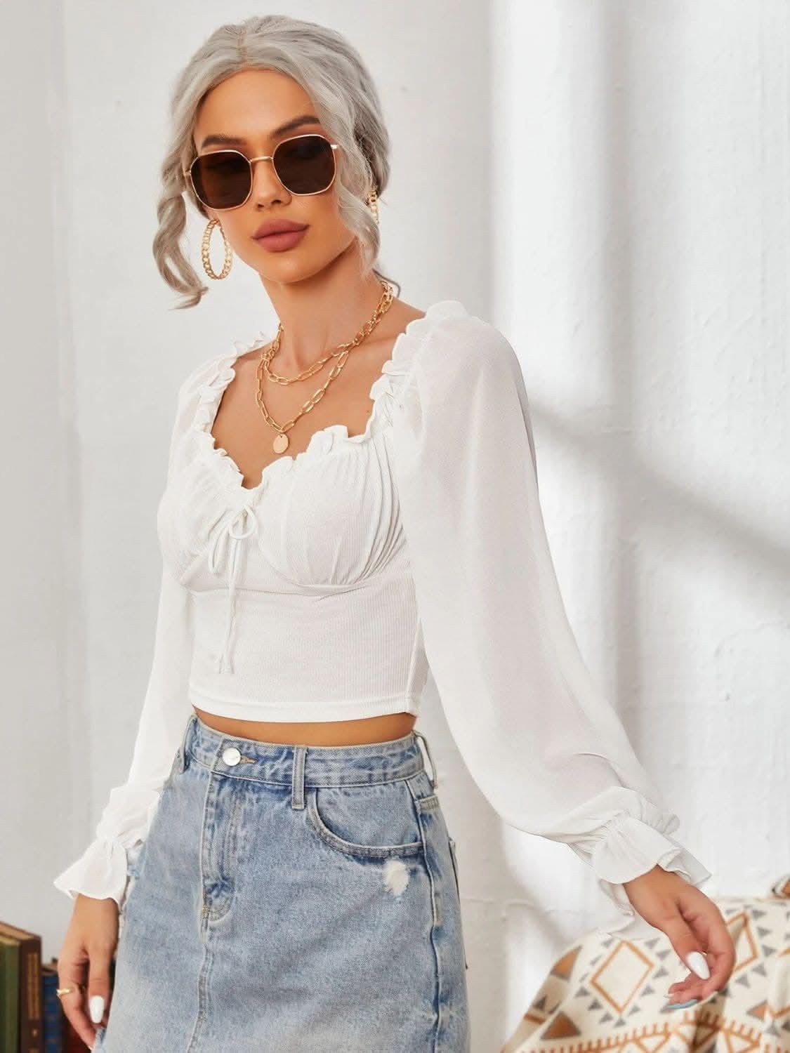 Elegant mesh flounce sleeve top 