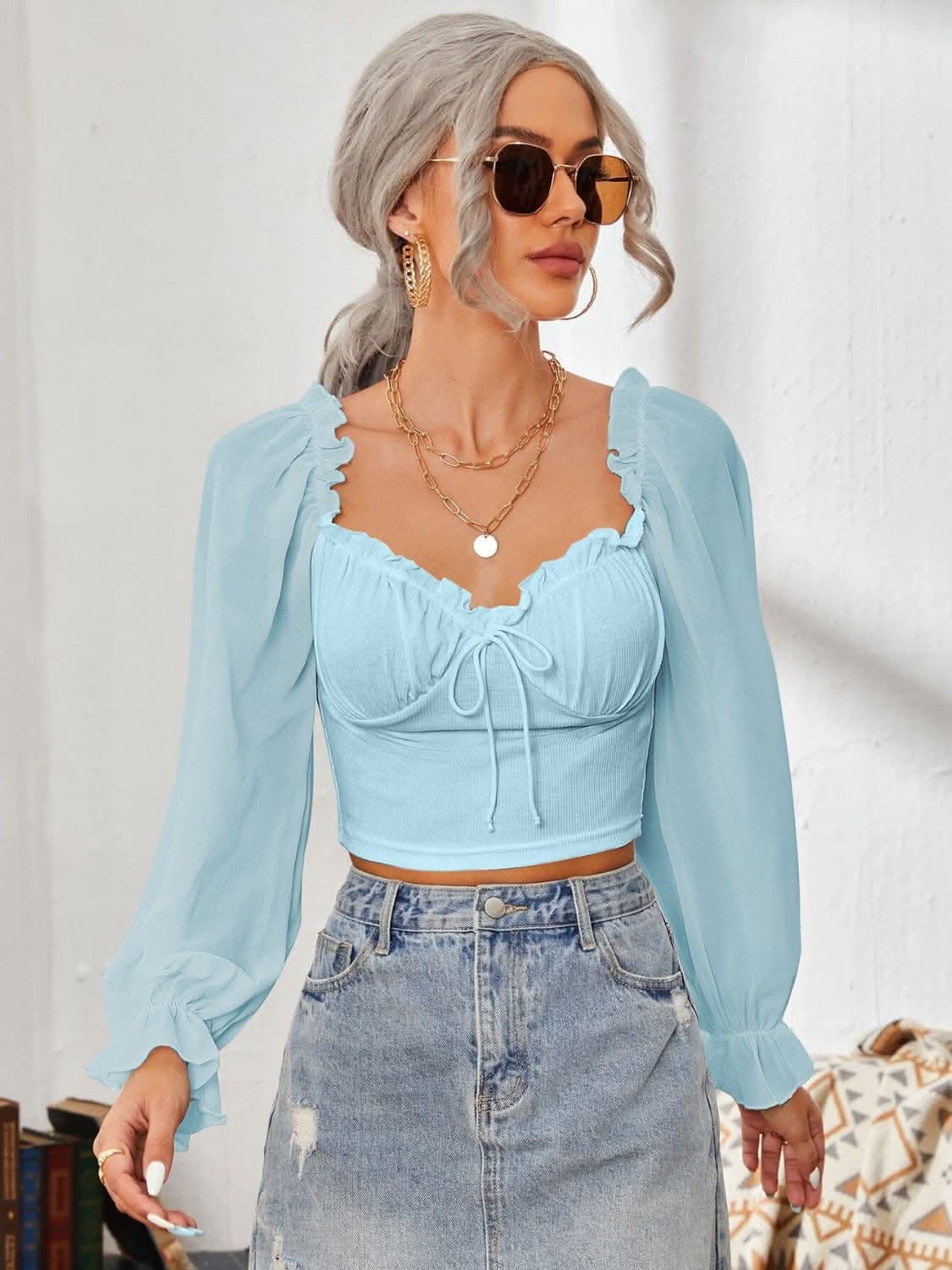 Elegant mesh flounce sleeve top 