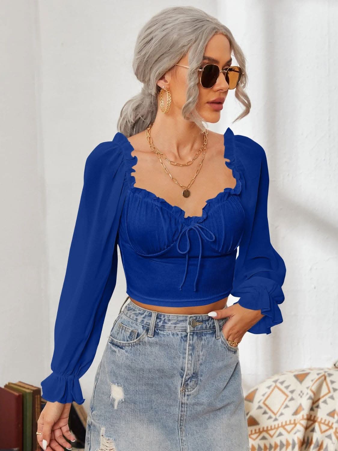 Elegant mesh flounce sleeve top 