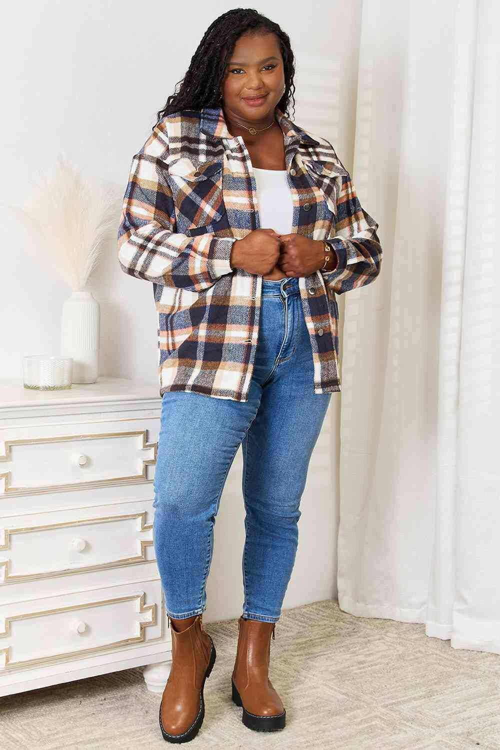 Elegant plaid utility shirt jacket 