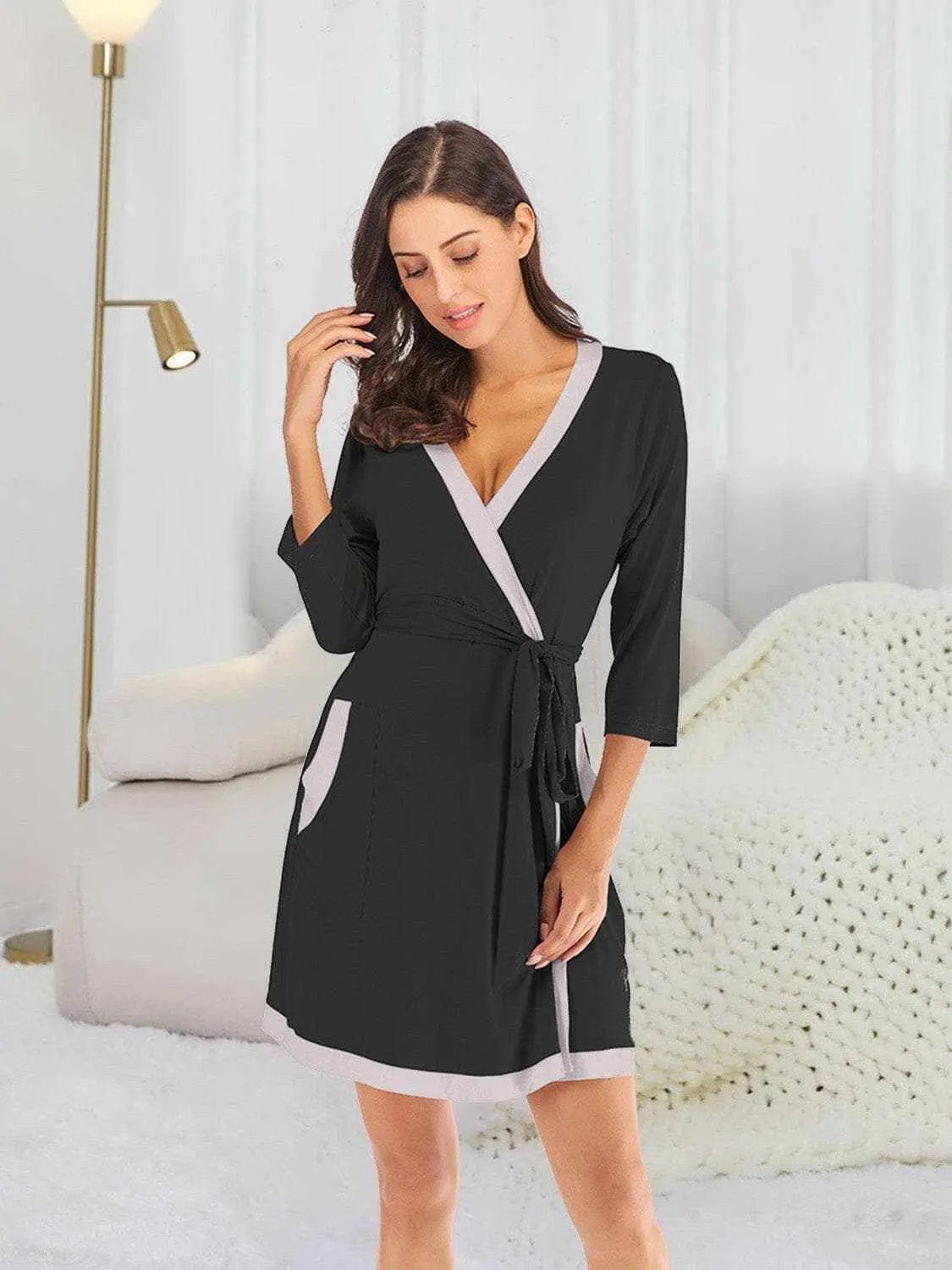 Elegant tie waist robe with pockets - Love Salve 
