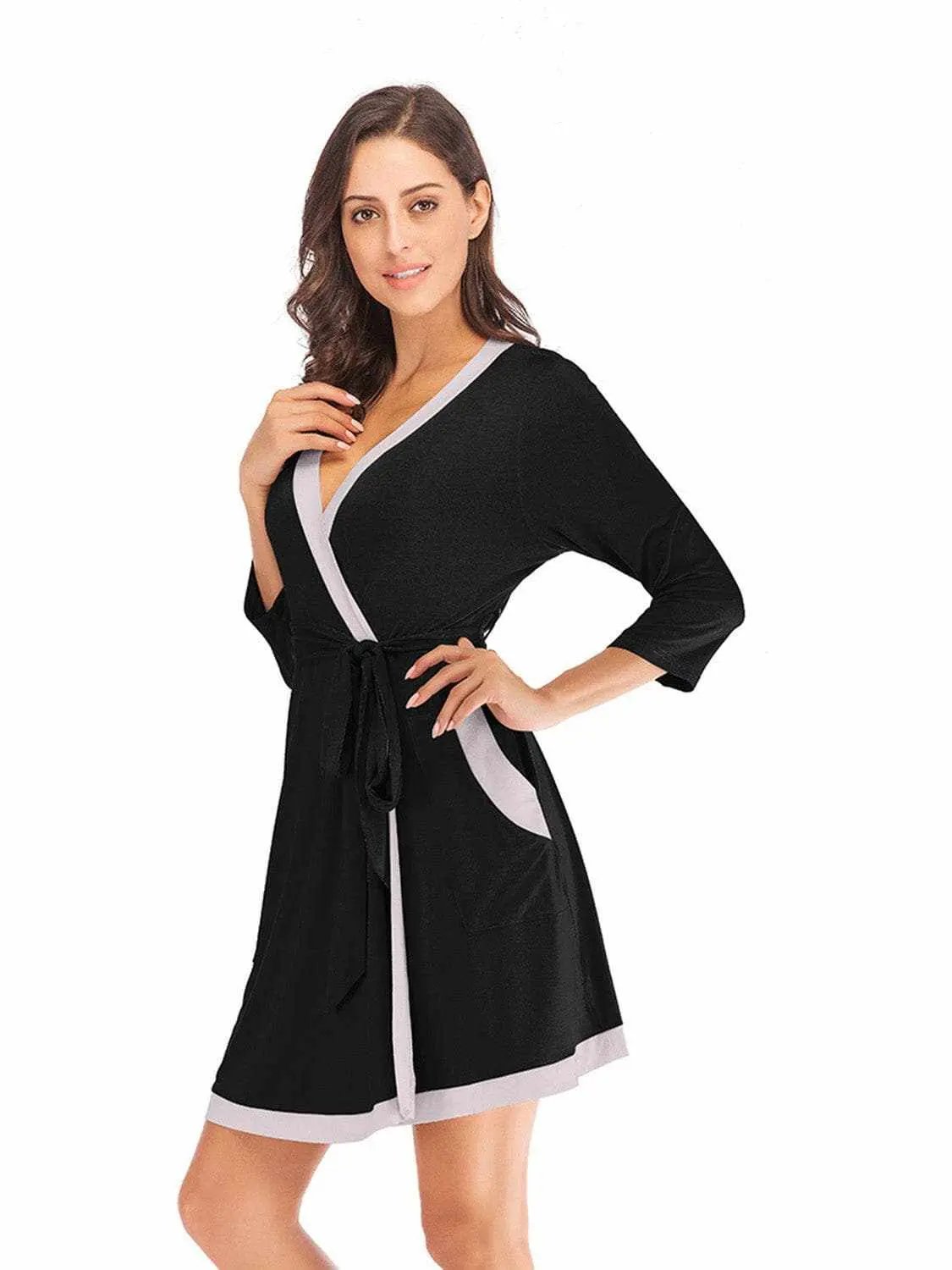 Elegant tie waist robe with pockets - Love Salve 