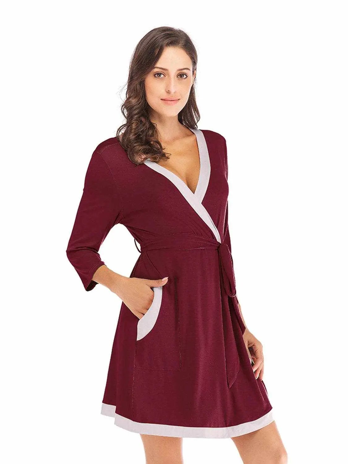 Elegant tie waist robe with pockets - Love Salve 