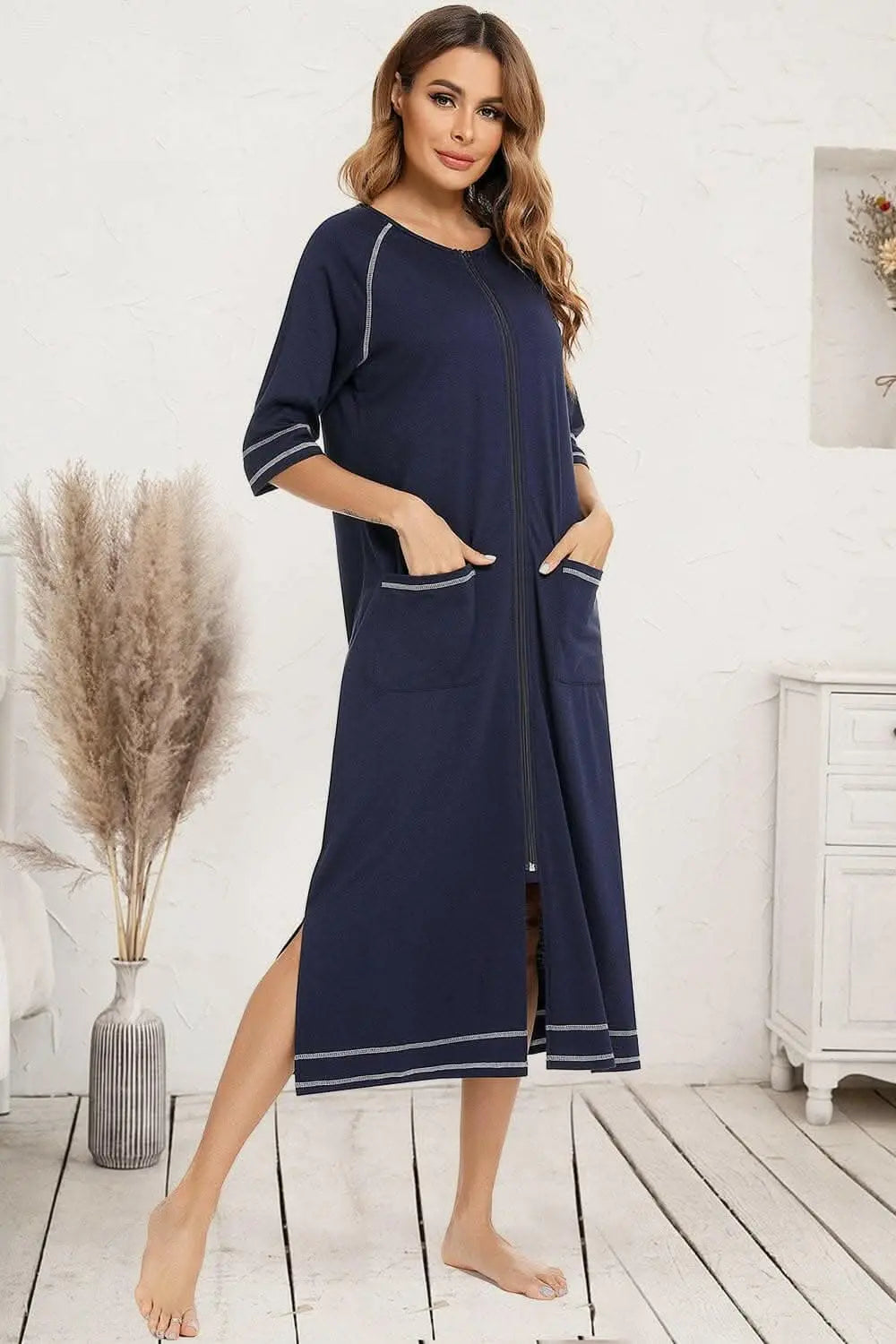 Elegant zip night dress with pockets - Love Salve 